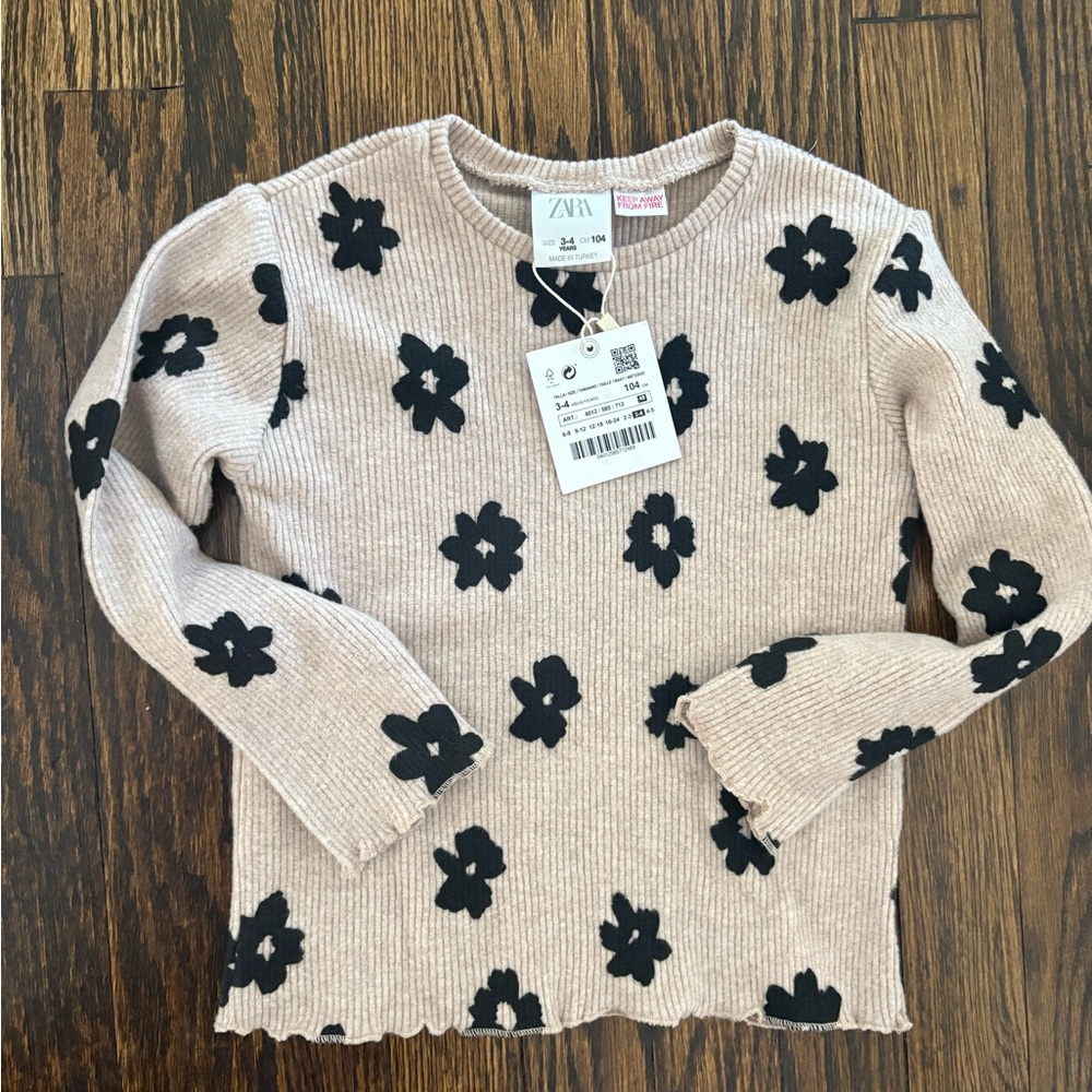 Zara Kids Tan Sweater with Black Floral Pattern
